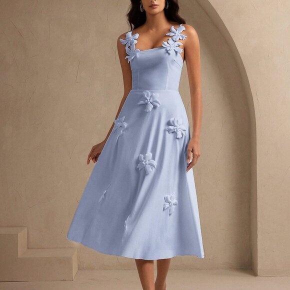 Dusty Blue Elegant Women's 3d Flower maxi dress - Picture 4 of 8